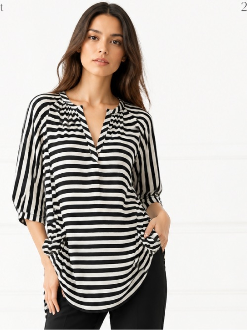 NANETTE LEPORE Oonagh Striped Jersey Knit Tunic Tee Top Black White Lightweight